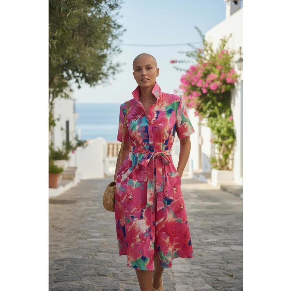 Flying Tomatoe Vibrant Floral Midi Shirt Dress with Belt